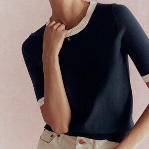 Boden Short Sleeve Emilia Cotton Knit Crew T-Shirt Sweater Navy Ecru Large EUC